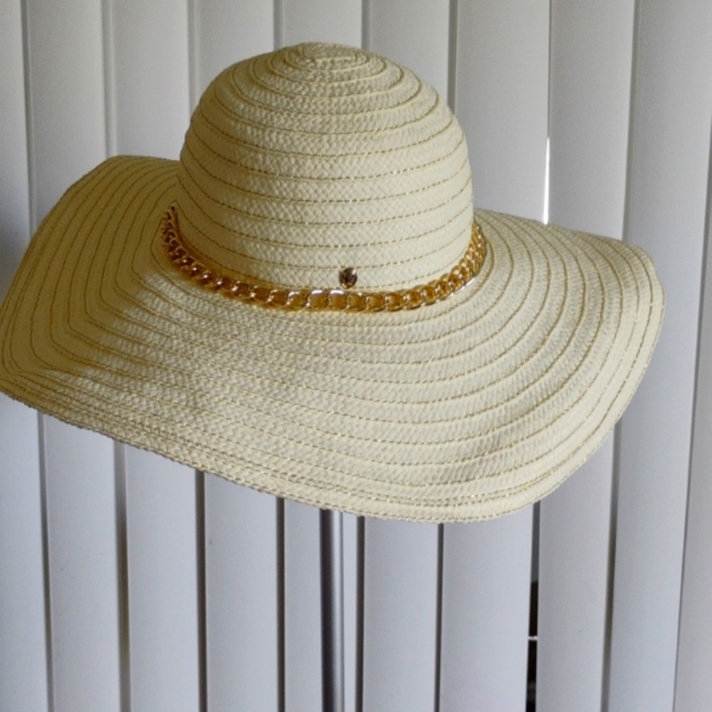 Ivanka Trump Cream Hat with Gold Chain Accent